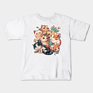 Cute Cat Family with Leaves and Flowers Kids T-Shirt